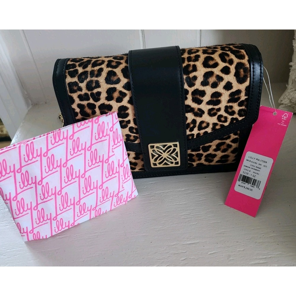 Lilly Pulitzer Handbag, NWT Dobson Crossbody Leopard/ Blk   with Gold Chain - Picture 6 of 16